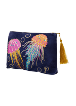 Load image into Gallery viewer, Navy pouch with colorful jellyfish design and gold tassel on a white background