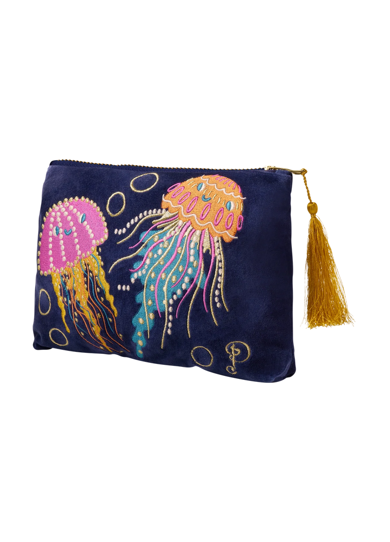 Navy pouch with colorful jellyfish design and gold tassel on a white background