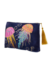 Navy pouch with colorful jellyfish design and gold tassel on a white background